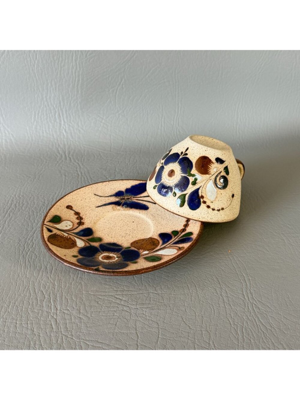 Vintage Tonala Mexico Studio Pottery Cup Saucer Set Signed Blue Butterfly 6" - Picture 14 of 14